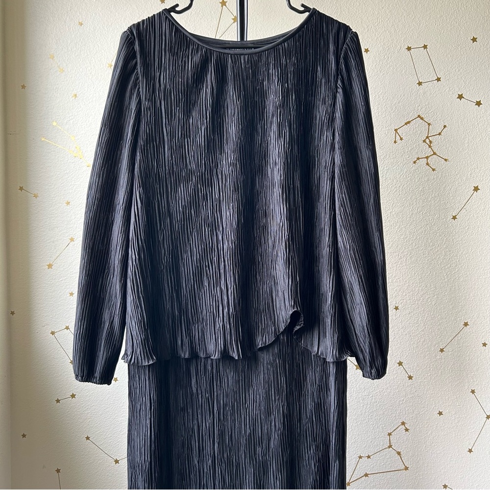 Vintage After Dark Black Long-Sleeve Multi-Layer Pleated Wavy Midi Dress Witchy